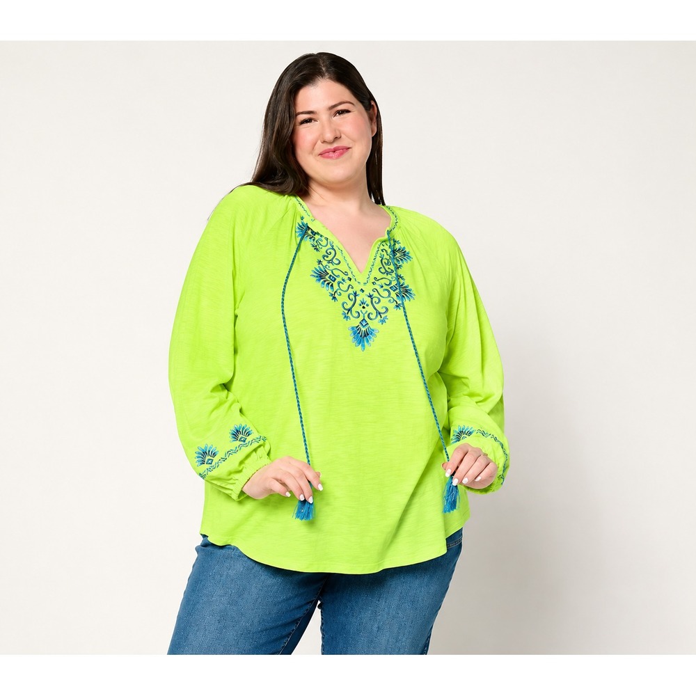 Bellisima by Kim Gravel Mykonos Mamma Mia Embroidered Top Key Lime,Size 5X
